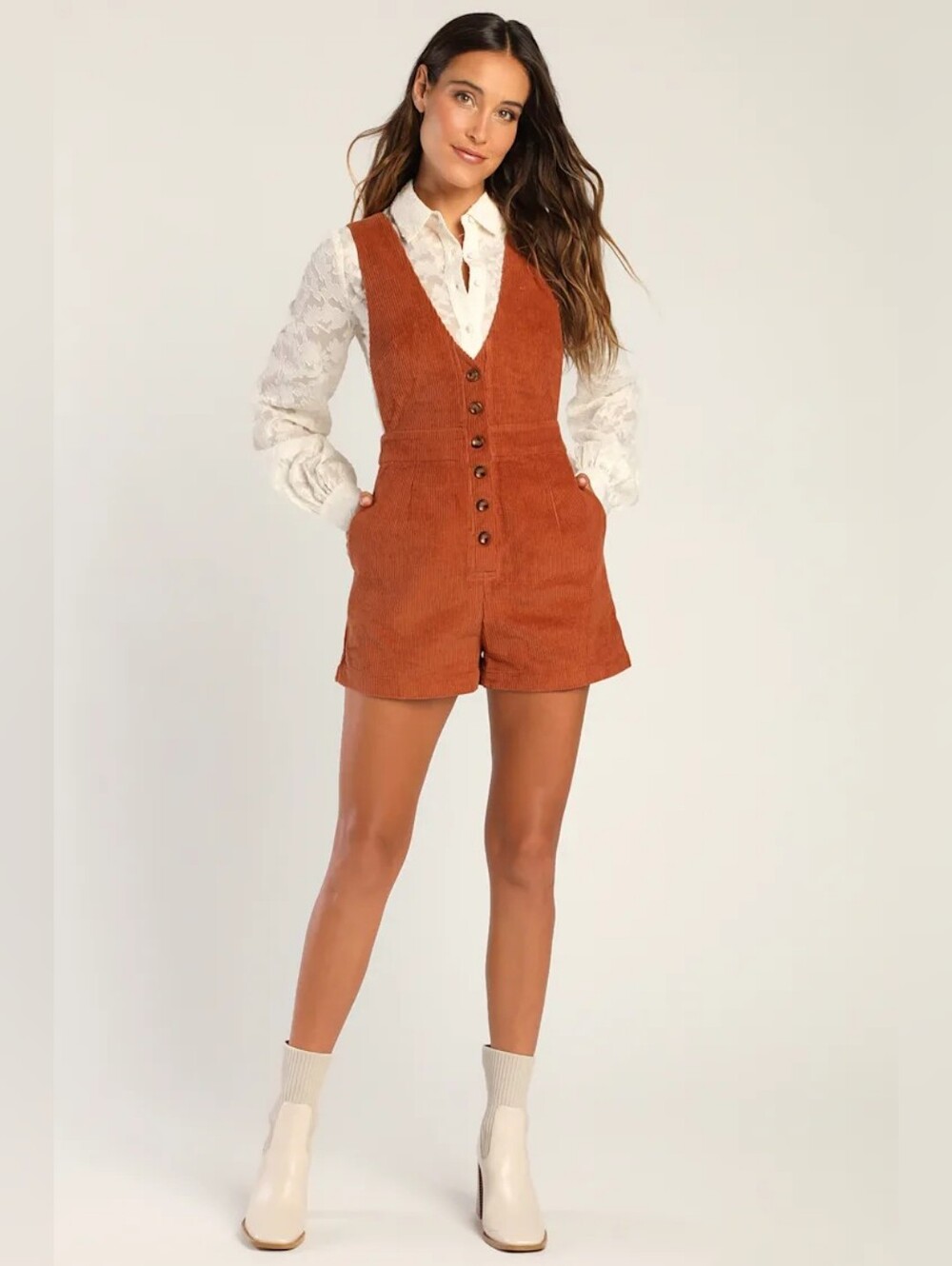 LULUS Corduroy Button-Front Romper